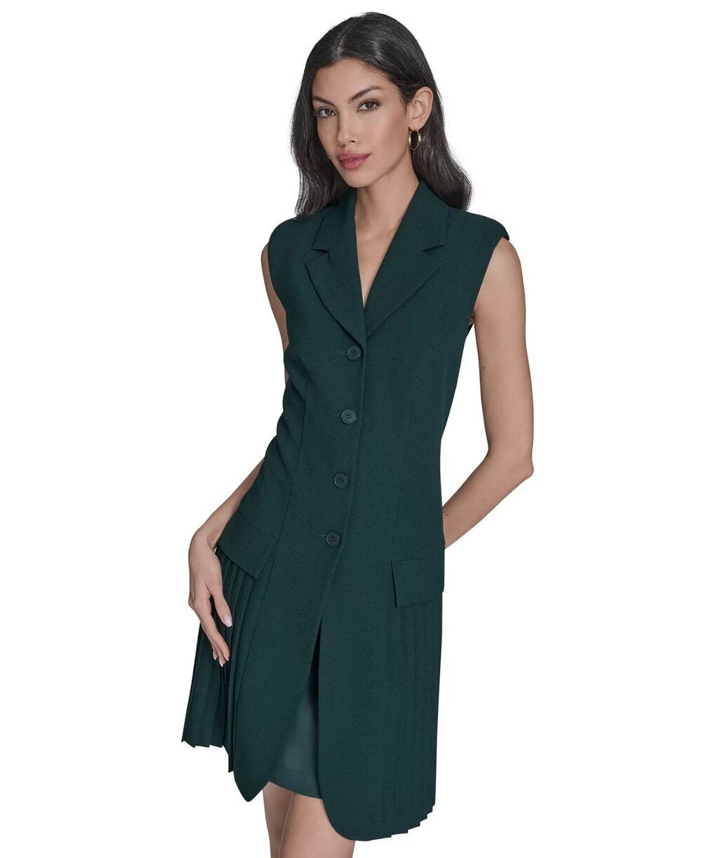 Vince Camuto Shirt Dress Womens 10 Green Crepe Pleated Hem Sleeveless Office NWT